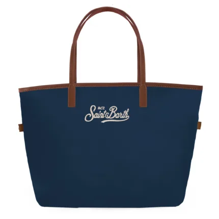 Borsa A Spalla Grande Mc2 Saint Barth in Nylon Blu e Dettagli Cuoio Logo Ricamato art. City Bag Nylon 6118 EMB