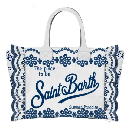 Borsa a Mano Media Mc2 Saint Barth Avorio con Ricami Blu art. Colette Volant N Sangallo Flowers 1061 EMB