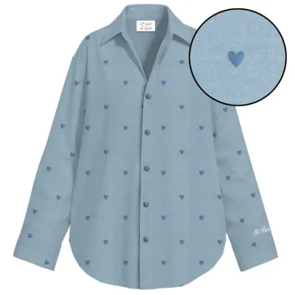 Camicia Mc2 Saint Barth in Cotone Color Denim Con Cuori art. Cristal Chambray L Hearts EMB