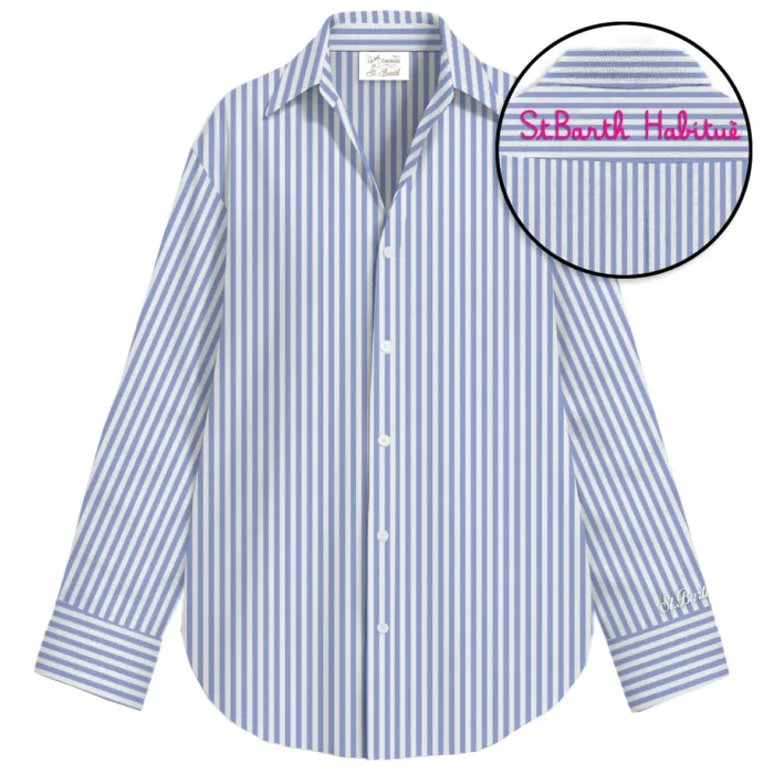 Camicia Mc2 Saint Barth in Cotone A Righe Azzurre E Bianche art. Cristal Cotton Stripes V SB 31 EMB, foto 1 di 1