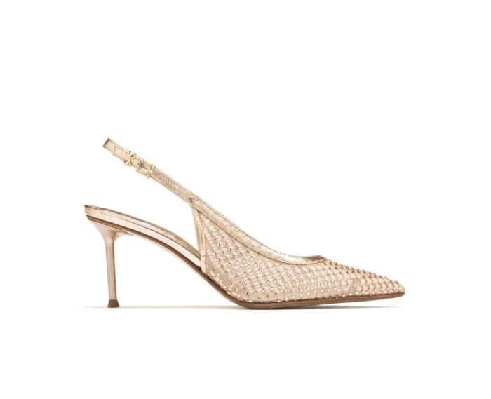 Slingback Sergio Levantesi in Pelle Oro Rosa con Dettagli Traforati Strass Tacco 7 cm art. Greta6 Gili Pelle, foto 1 di 6