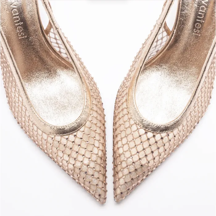 Slingback Sergio Levantesi in Pelle Oro Rosa con Dettagli Traforati Strass Tacco 7 cm art. Greta6 Gili Pelle, foto 4 di 6