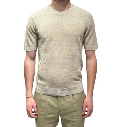 T-shirt Girocollo Ferrante in Maglia di Misto Lino e Cotone Melange Beige art 55R21105 Col 212