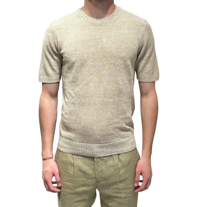 T-shirt Girocollo Ferrante in Maglia di Misto Lino e Cotone Melange Beige art 55R21105 Col 212, foto 1 di 3