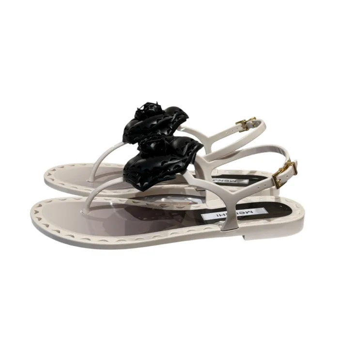 Sandali Artigianali  Menghi Made in Italy infradito Avorio con Camelia Nera art. 131/Flower Ivory/Black, foto 4 di 5