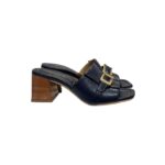 Sandalo Mules Sabot Lorenzo Mari in Nappa Blu Dettaglio Fibbia Tacco 7 cm art. Fresia 14