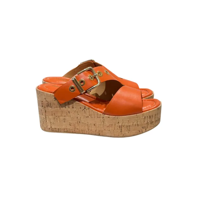 Sandali con zeppa in Sughero Lorenzo Mari in nappa Arancio, Plateau 4 cm zeppa 8 cm art. Mery 02, foto 1 di 5