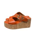 Sandali con zeppa in Sughero Lorenzo Mari in nappa Arancio, Plateau 4 cm zeppa 8 cm art. Mery 02 - immagine 4