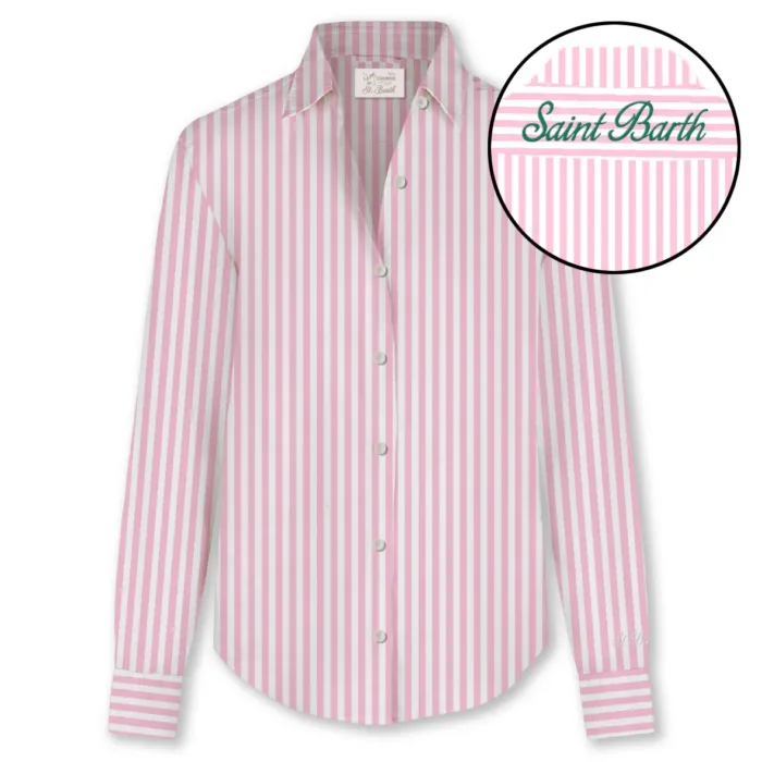 Camicia Mc2 Saint Barth in Cotone a Righe Bianca e Rosa art.  Meredith Cotton SB Stripes V 21 EMB, foto 1 di 1
