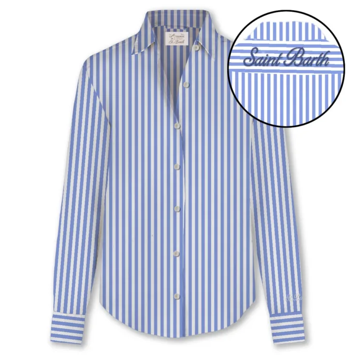 Camicia Mc2 Saint Barth in Cotone a Righe Bianca e Azzurra art.  Meredith Cotton SB Stripes V 31 EMB, foto 1 di 1