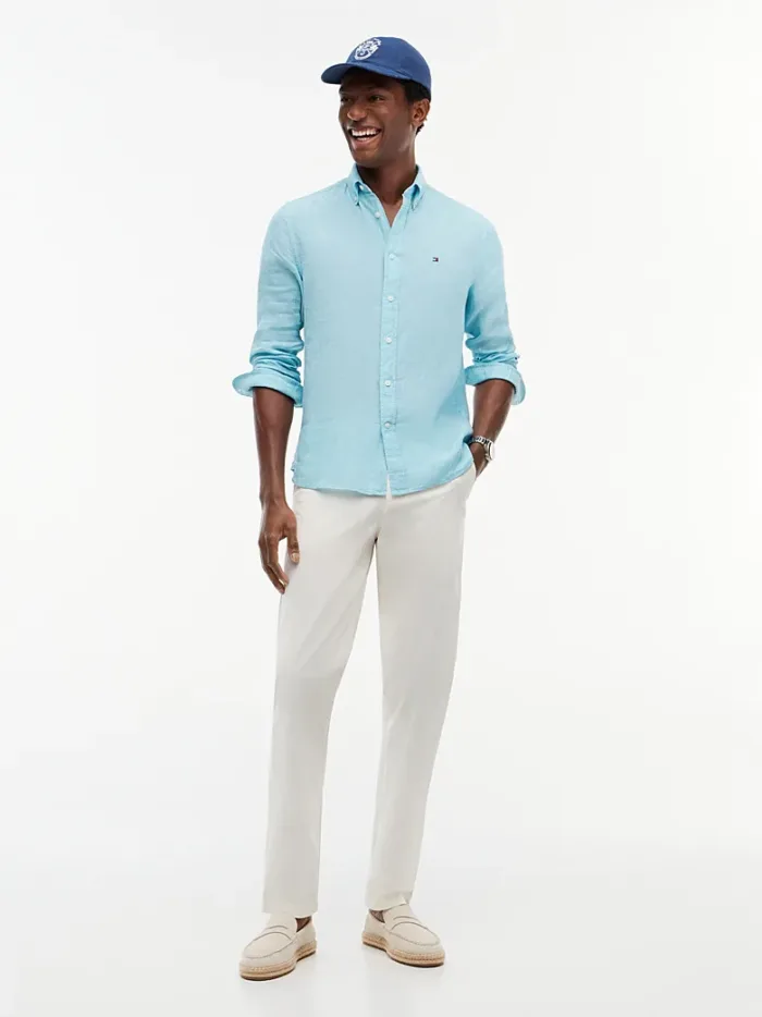 Camicia In Lino Regular Fit Uomo Tommy Hilfiger Verde Acqua art. MW0MW41530 CSR, foto 2 di 4