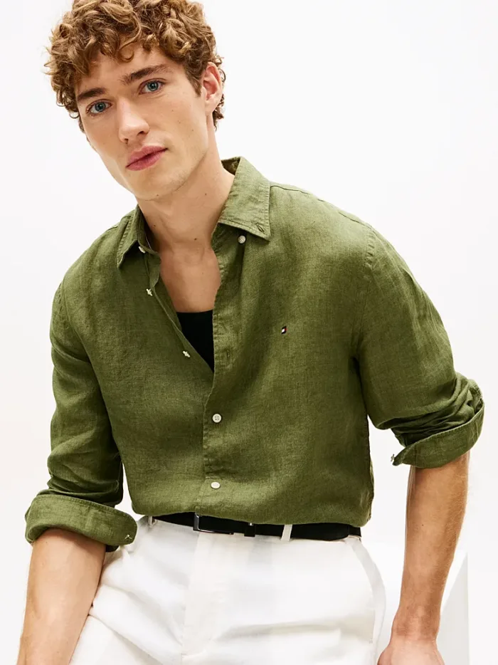 Camicia In Lino Regular Fit Uomo Tommy Hilfiger Verde Oliva art. MW0MW41530 MSX, foto 2 di 4