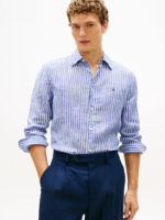 Camicia In Lino Regular Fit Uomo Tommy Hilfiger Azzurra a Righe Bianche art. MW0MW42400 0A4