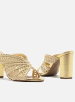 Sandalo Mules Arezzo in Canapa Intrecciata Beige e Tacco Oro H 9 cm art. Ciara Gold - immagine 2