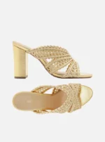 Sandalo Mules Arezzo in Canapa Intrecciata Beige e Tacco Oro H 9 cm art. Ciara Gold - immagine 3