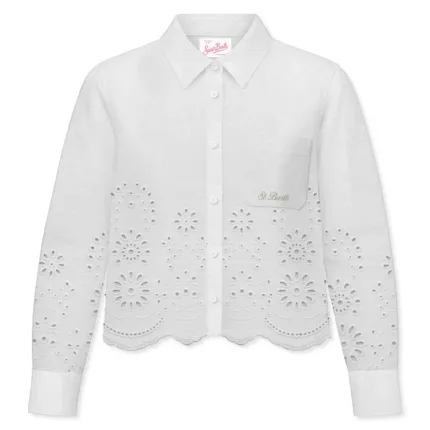 Camicia Cropped Mc2 Saint Barth in Sangallo Bianca art. Oriane Sangallo Morris Flower Embry 01