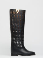 Stivali Estivi Via Roma 15 in Pelle Laserizzata Nera con V Oro art. 4634 Rialzo interno H 5 cm