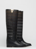 Stivali Estivi Via Roma 15 in Pelle Laserizzata Nera con V Oro art. 4634 Rialzo interno H 5 cm - immagine 2