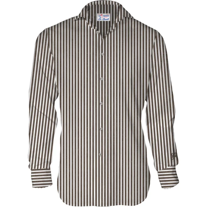Camicia in Lino  Mc2 Saint Barth Bianca e Righe Marroni art. Pamplona Linen Stripes 18, foto 1 di 1