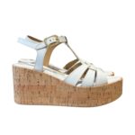 Sandali con zeppa in Sughero Lorenzo Mari in nappa Bianca, Plateau 4 cm zeppa 8 cm art. Mery 01
