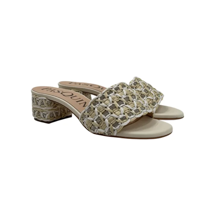Sabot Mules Pasquini In Rafia Bianco Avorio e Strass, Tacco 4 cm art. 3042 T40 Avorio, foto 2 di 5