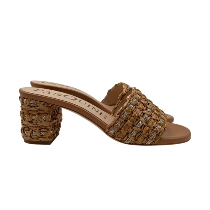 Sabot Mules Pasquini In Rafia Cuoio e Strass , Tacco 6 cm art. 3042 T60 Corteccia, foto 1 di 4