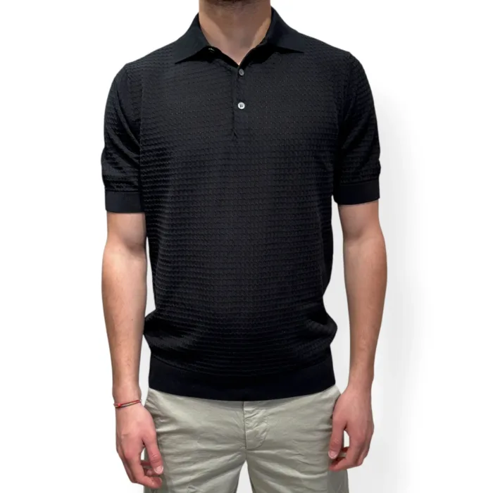 Polo in Cotone Tramato con Treccine Filippo De Laurentiis Nero art. PL1MC CR14T 990, foto 1 di 3
