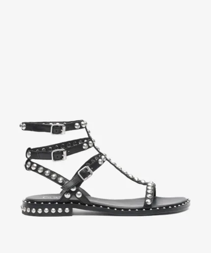 Sandalo Alla Schiava Ash in Pelle Nera con Borchie Argento h 2 cm art. Ash Play Black Antic Silver Studs