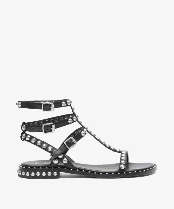 Sandalo Alla Schiava Ash in Pelle Nera con Borchie Argento h 2 cm art. Ash Play Black Antic Silver Studs, foto 1 di 3