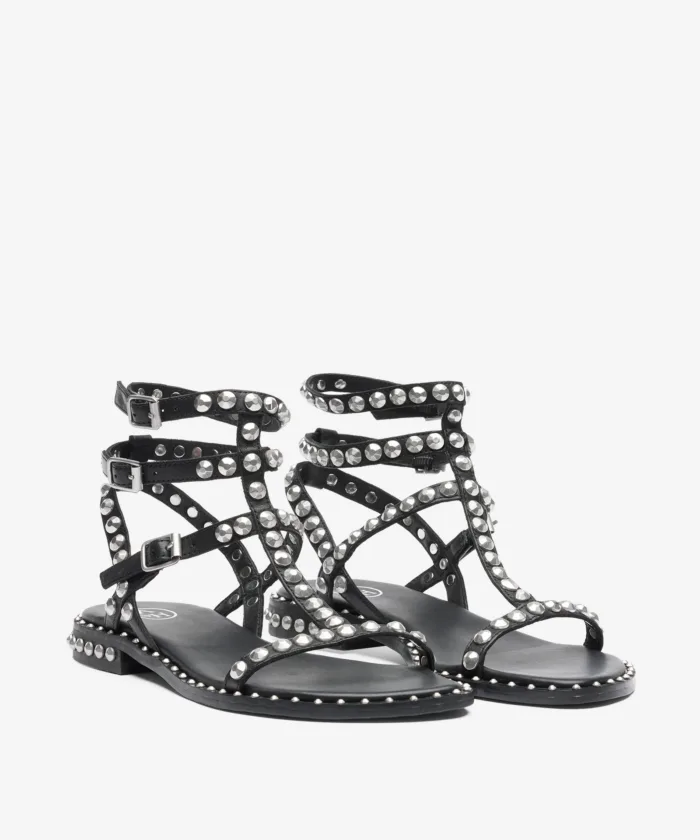 Sandalo Alla Schiava Ash in Pelle Nera con Borchie Argento h 2 cm art. Ash Play Black Antic Silver Studs, foto 2 di 3