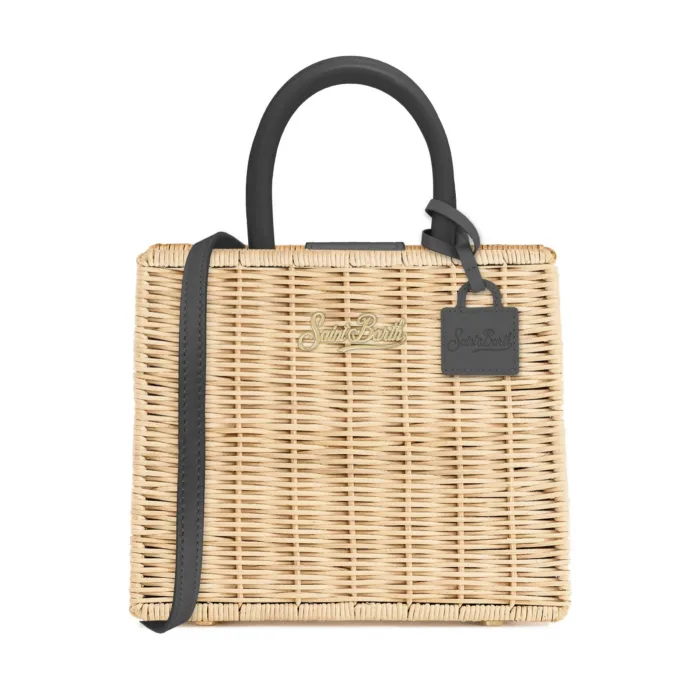 Borsa A Mano Piccola con Tracolla Mc2 Saint Barth Beige e Nera art. Shop Bag Mini Straw Leather 1100, foto 1 di 1