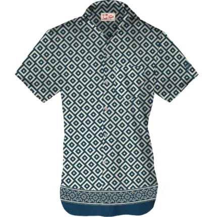 Camicia in Lino Manica Corta Mc2 Saint Barth Bianca Fantasia Blu art. Sifnos Placed Linen Geo Cube 61