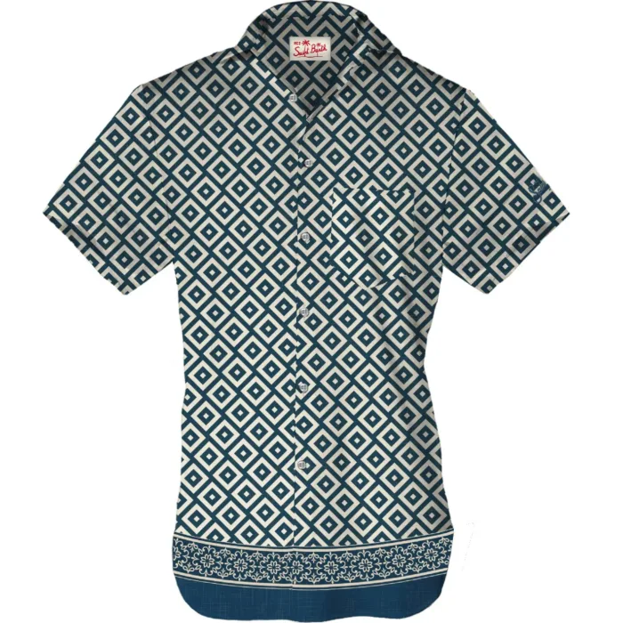 Camicia in Lino Manica Corta Mc2 Saint Barth Bianca Fantasia Blu art. Sifnos Placed Linen Geo Cube 61, foto 1 di 1