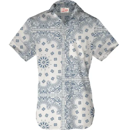 Camicia in Lino Manica Corta Mc2 Saint Barth Avorio e Stampa Blu art. Sifnos Linen Bandanna Round 1061