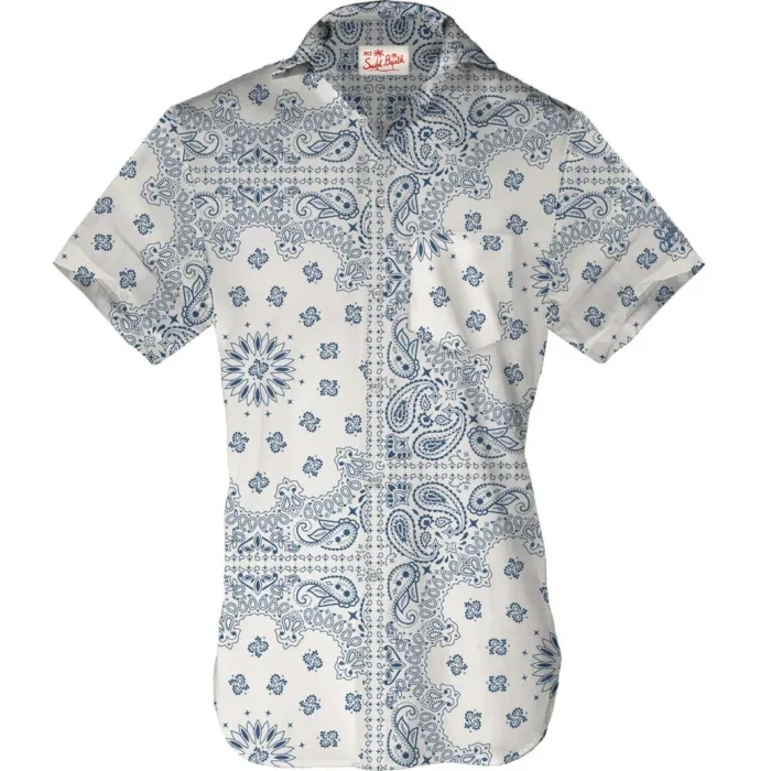 Camicia in Lino Manica Corta Mc2 Saint Barth Avorio e Stampa Blu art. Sifnos Linen Bandanna Round 1061, foto 1 di 1
