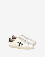 Sneakers Premiata Donna in Pelle Avorio con Linguetta Argento e Dettagli Glitter Nero art. Stevend 6936 - immagine 4