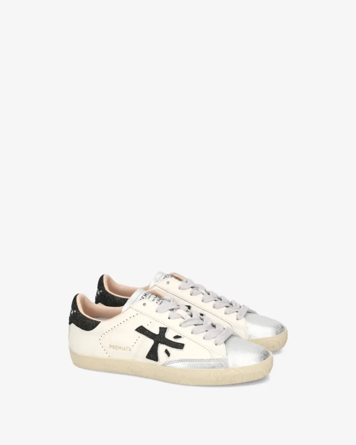 Sneakers Premiata Donna in Pelle Avorio con Linguetta Argento e Dettagli Glitter Nero art. Stevend 6936, foto 4 di 5