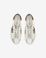Sneakers Premiata Donna in Pelle Avorio con Linguetta Argento e Dettagli Glitter Nero art. Stevend 6936 - immagine 5