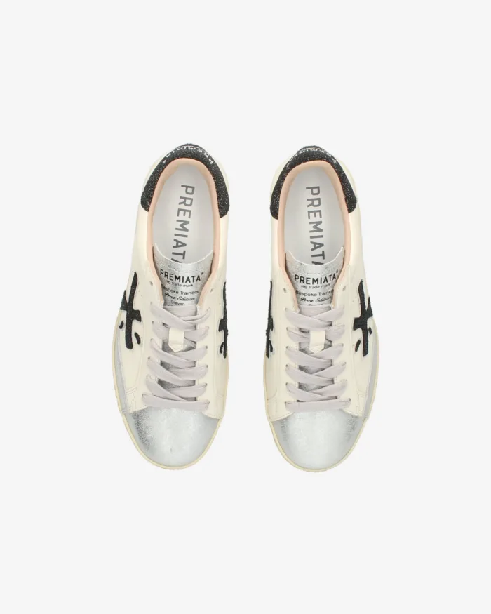Sneakers Premiata Donna in Pelle Avorio con Linguetta Argento e Dettagli Glitter Nero art. Stevend 6936, foto 5 di 5