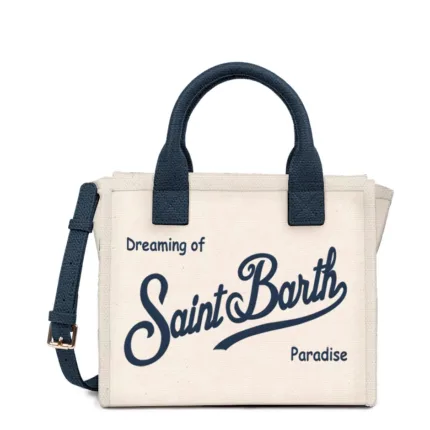 Borsa Media con Tracolla Mc2 Saint Barth in Tessuto Beige con Dettagli Blu art. Vanity Bag Midi Canvas 1061 EMB