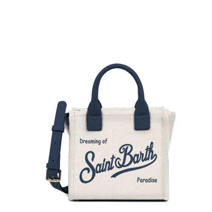 Borsa A Mano Piccola con Tracolla Mc2 Saint Barth In Tessuto Avorio Dettagli Blu Logo Ricamato art. Vanity Bag Mini Canvas 1061 EMB, foto 1 di 1