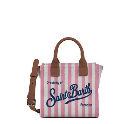 Borsa A Mano Piccola con Tracolla Mc2 Saint Barth In Rafia a Righe Bianca e Rosa Logo Ricamato Blu art. Vanity Bag Mini HB Stripes Leather 2119 EMB