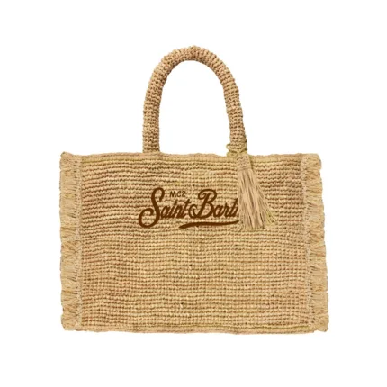 Borsa A Mano Piccola con Tracolla Mc2 Saint Barth In Rafia Beige art. Vanity Mini Raffia Fringes Essential 1118 EMB