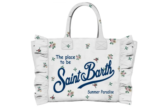 Borsa a mano Piccola Mc2 Saint Barth Bianca art. Vanity Mini Volant Denim Flowers 10 EMB, foto 1 di 1