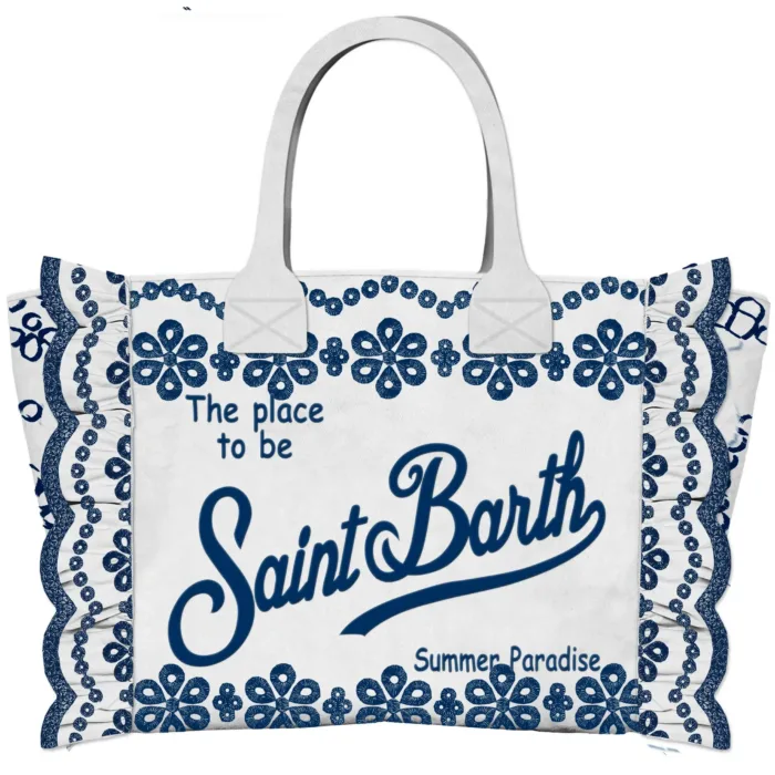 Borsa a mano Grande Mc2 Saint Barth Bianca con Dettagli Blu art. Vanity Volant N Sangallo Flowers 1061 EMB, foto 1 di 1