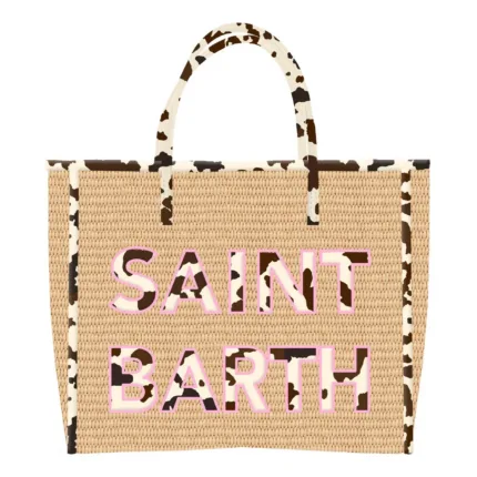 Borsa Media con Tracolla Mc2 Saint Barthin Rafia Beige con Dettagli Muccati art. Vivian Mid Straw 11 Patch Cow 1021