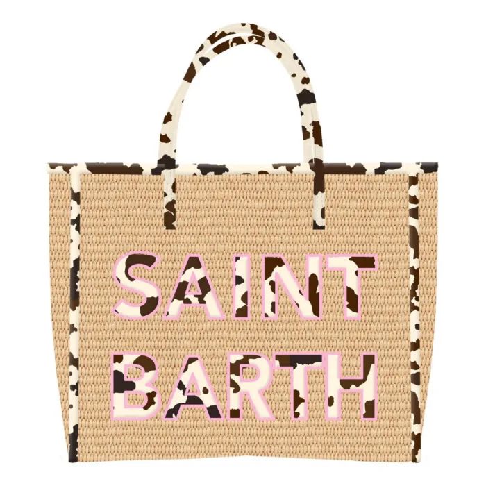 Borsa Media con Tracolla Mc2 Saint Barthin Rafia Beige con Dettagli Muccati art. Vivian Mid Straw 11 Patch Cow 1021, foto 1 di 1