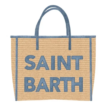 Borsa Media Mc2 Saint Barth Beige con Dettagli Denim art. Vivian Mid Straw 11 Patch Denim