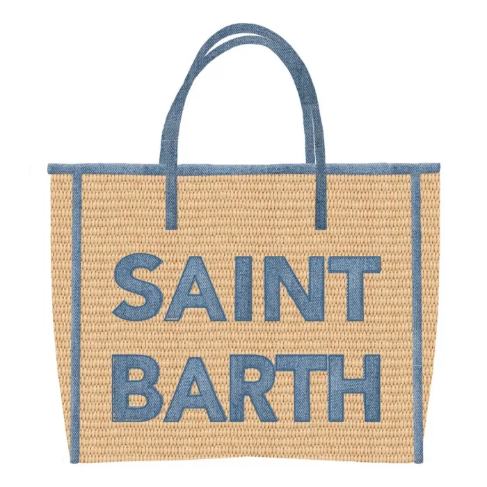 Borsa Media Mc2 Saint Barth Beige con Dettagli Denim art. Vivian Mid Straw 11 Patch Denim, foto 1 di 1