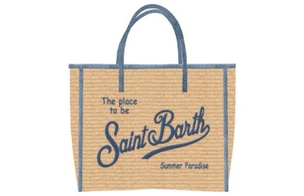 Borsa A Mano Piccola con Tracolla Mc2 Saint Barth In Rafia Dettagli Denim Logo Ricamato art. Vivian Mini Straw 11 Denim EMB
